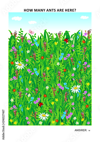 Page sized visual math puzzle to learn counting with fun: How many ants are here? Answer included.