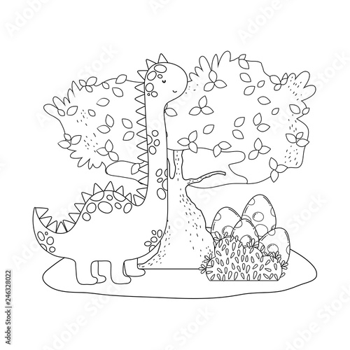 cute apatosaurus with tree in the landscape