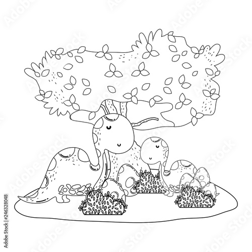 cute apatosaurus with tree in the landscape