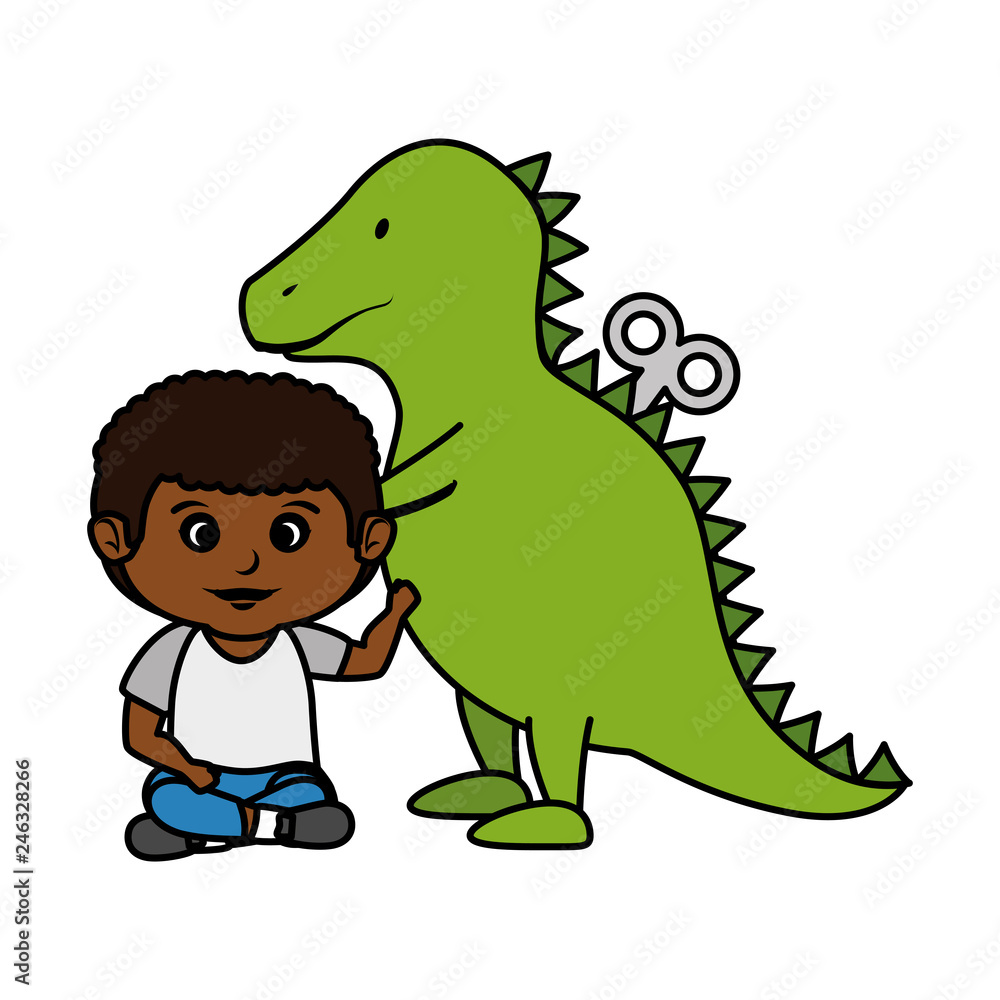 Obraz premium little boy with tyrannosaurus rex toy