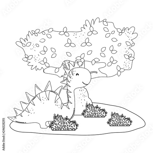 cute apatosaurus with tree in the landscape