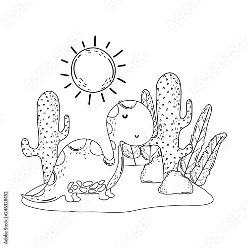 cute apatosaurus with cactus in the landscape