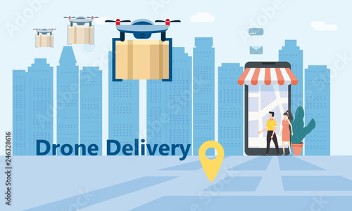 Concept of delivery of the drone flies with the mail, the delivery of parcels. Tiny people stand near a huge smartphone, order a product. Landing, online delivery service, tracking online tracker