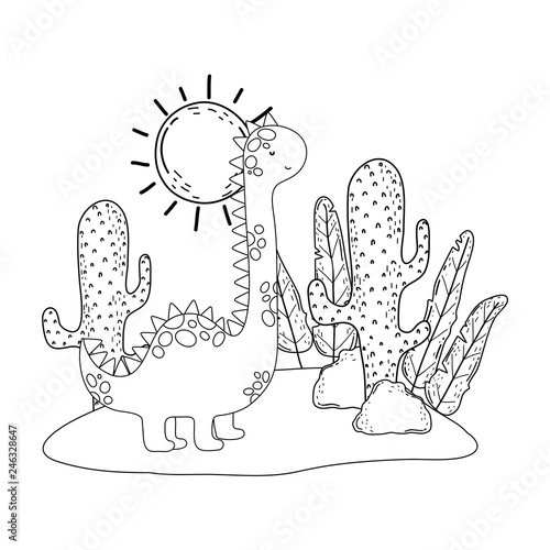 cute apatosaurus with cactus in the landscape