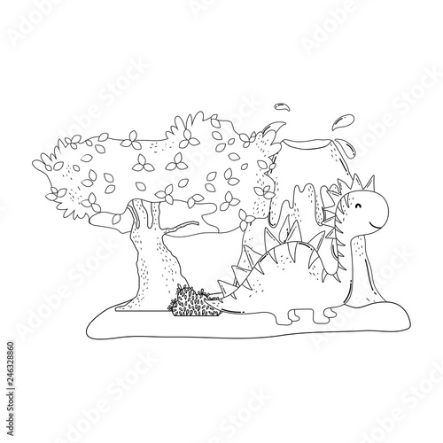 cute apatosaurus with volcano scene