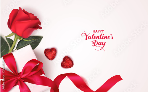 Valentine's day design template. Banner with gift box, red rose and decorative heart. Vector illustration
