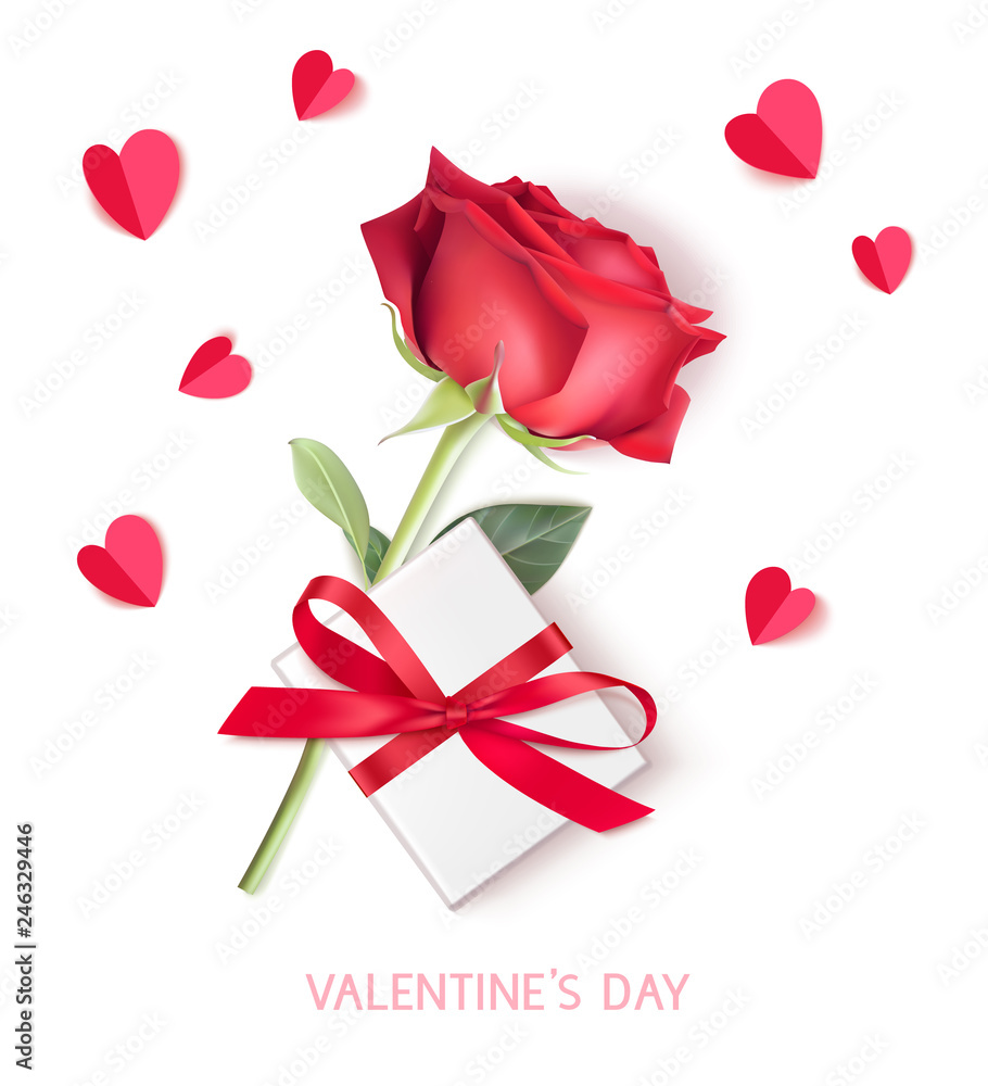 Happy Valentine's day. Set of love decorations. Red rose, paper hearts and white gift box with red bow . Vector illustration