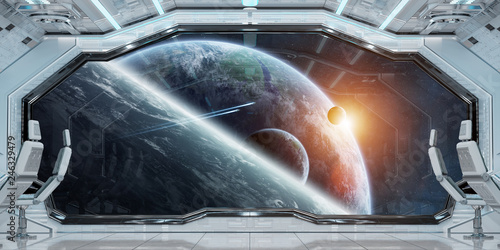 Fototapeta Naklejka Na Ścianę i Meble -  White clean spaceship interior with view on planet Earth 3D rendering
