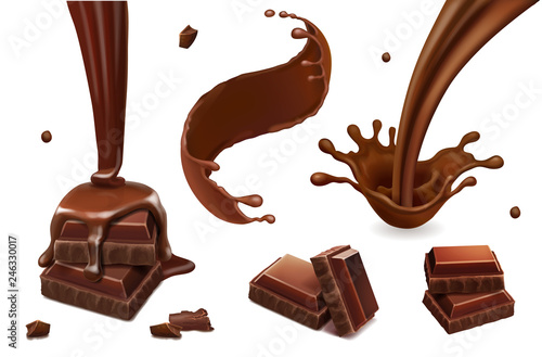 Set of vector splashes and drops of melted dark chocolate. Coffee, cocoa, liquid hot chocolate flow illustration