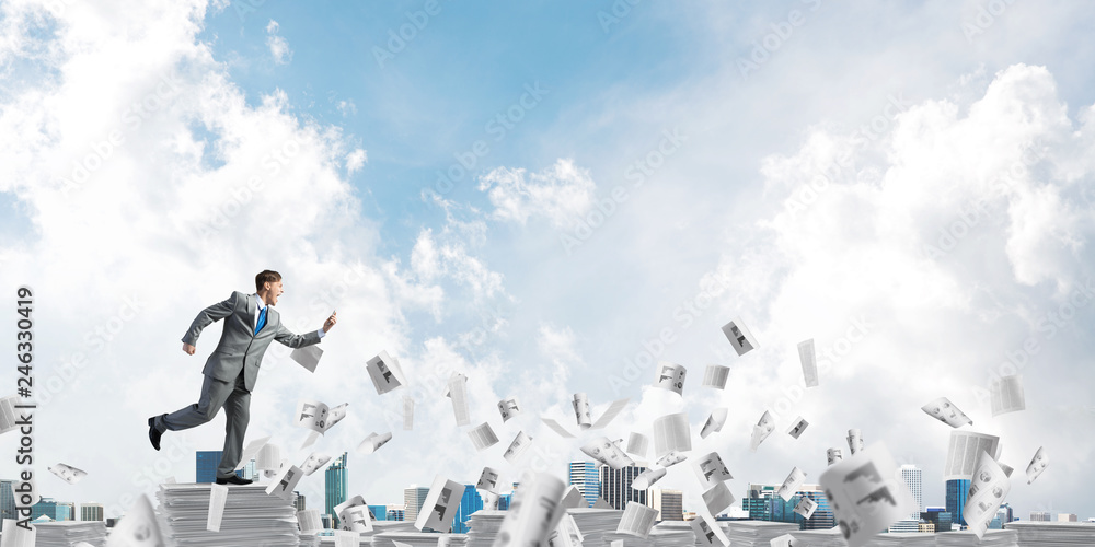 Precise businessman in suit running with phone. Precise businessman in suit running with phone.