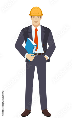 Businessman in construction helmet holding a folder. Full length portrait of businessman in a flat style. Vector illustration.