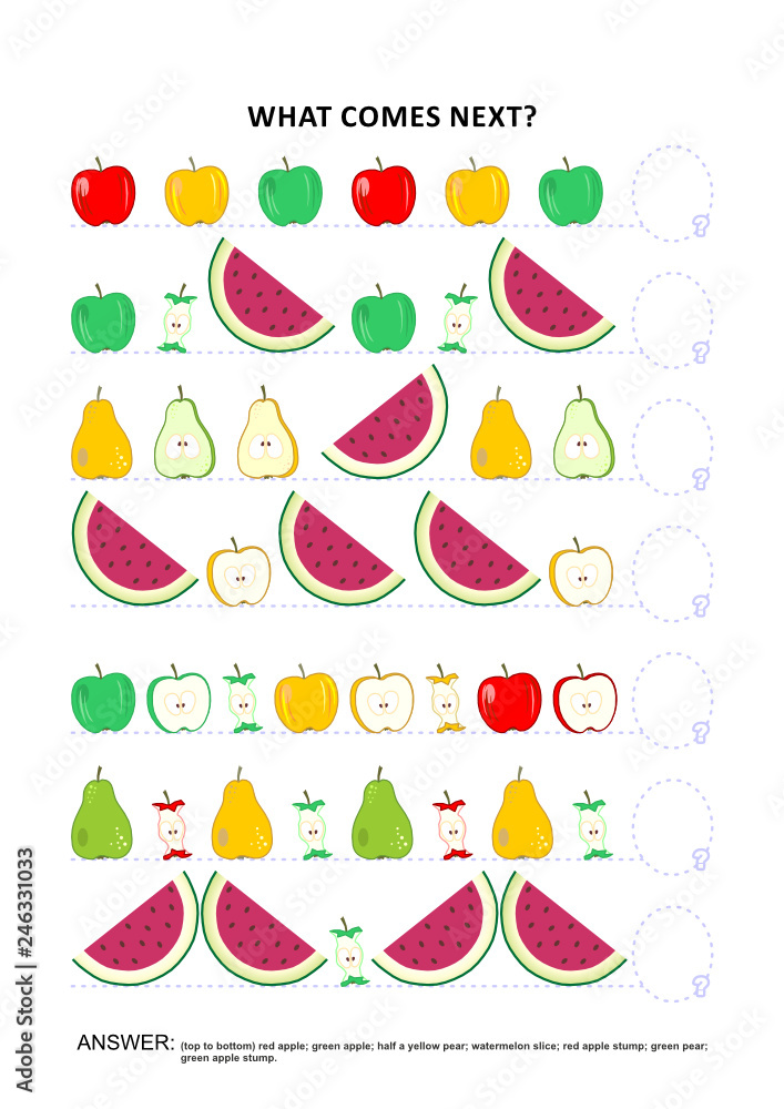 Fruit and berry themed educational logic game training sequential pattern recognition skills: What comes next in the sequence? Answer included. Fruit and berry themed educational logic game training sequential pattern recognition skills: What comes next in the sequence? Answer included.