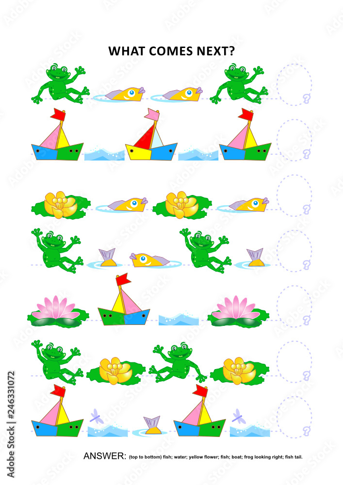 Pond life themed educational logic game training sequential pattern recognition skills: What comes next in the sequence? Answer included.