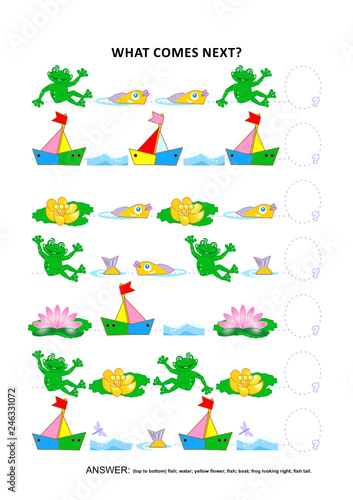 Pond life themed educational logic game training sequential pattern recognition skills: What comes next in the sequence? Answer included.