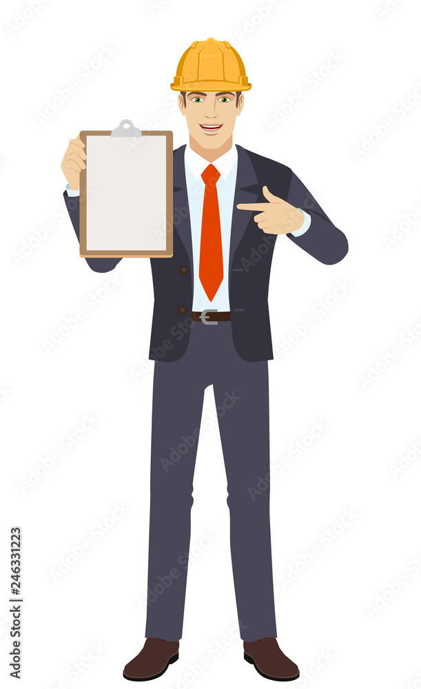 Businessman in construction helmet pointing at a clipboard. Full length portrait of businessman in a flat style. Vector illustration. Businessman in construction helmet pointing at a clipboard. Full length portrait of businessman in a flat style. Vector illustration.