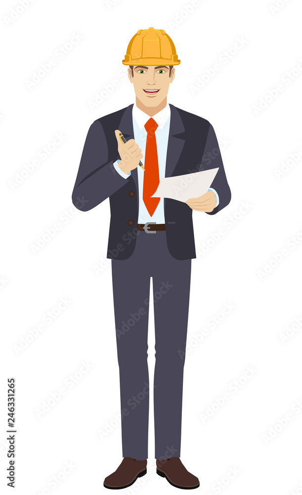 Businessman in construction helmet holding a pen and paper. Full length portrait of businessman in a flat style. Vector illustration.