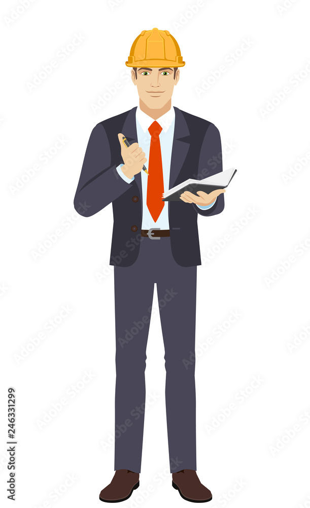 Businessman in construction helmet with pen and pocketbook. Full length portrait of businessman in a flat style. Vector illustration.