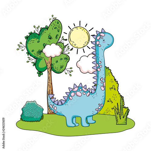 cute apatosaurus with tree in the landscape