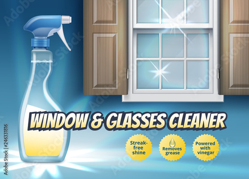 Vector illustration of plastic spray pistol cleaner with detergent for window and glass, ads banner on background