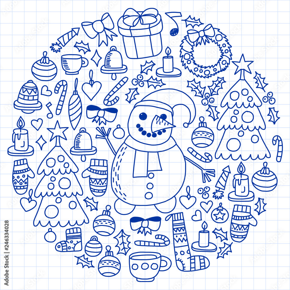 Vector set of Christmas, holiday icons in doodle style. Painted, drawn with a pen, on a sheet of checkered paper on a white background.