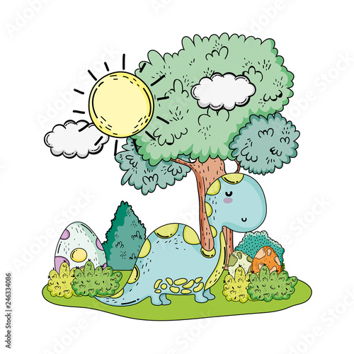 cute apatosaurus with tree in the landscape