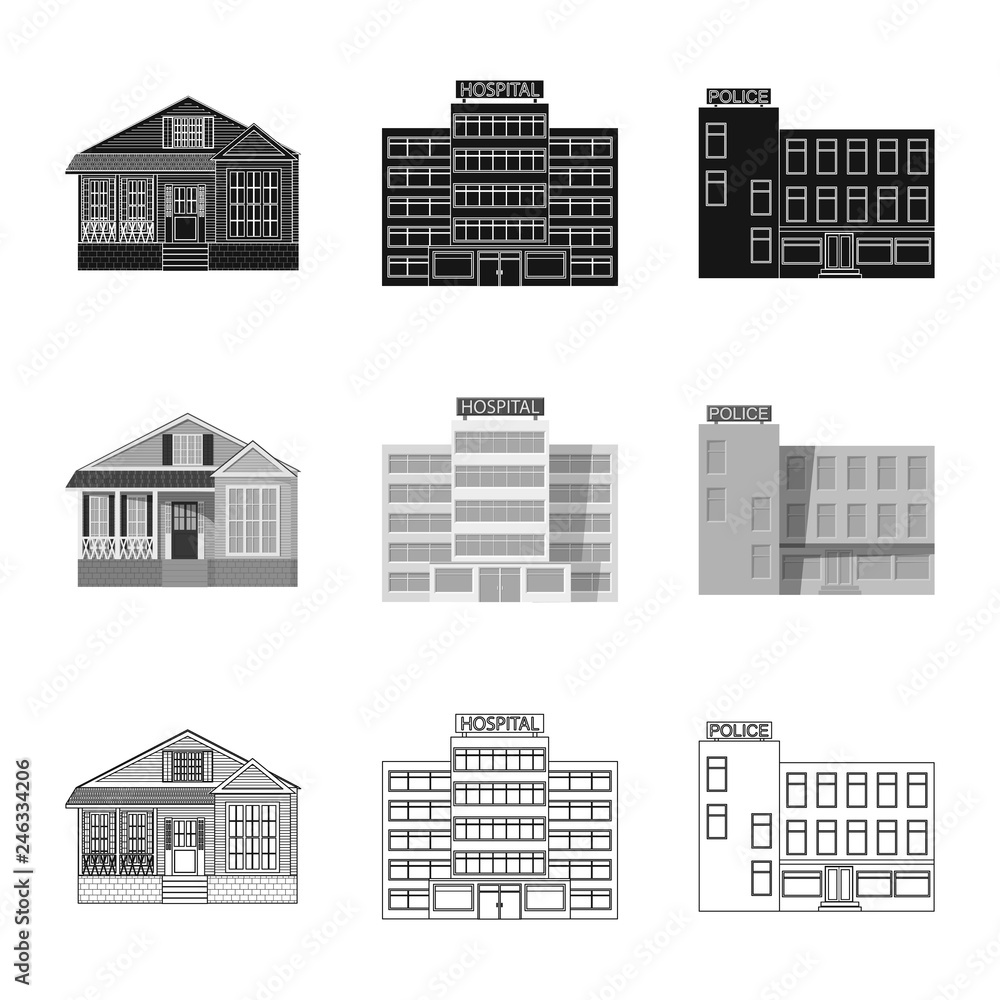Vector illustration of building and front symbol. Collection of building and roof stock vector illustration.