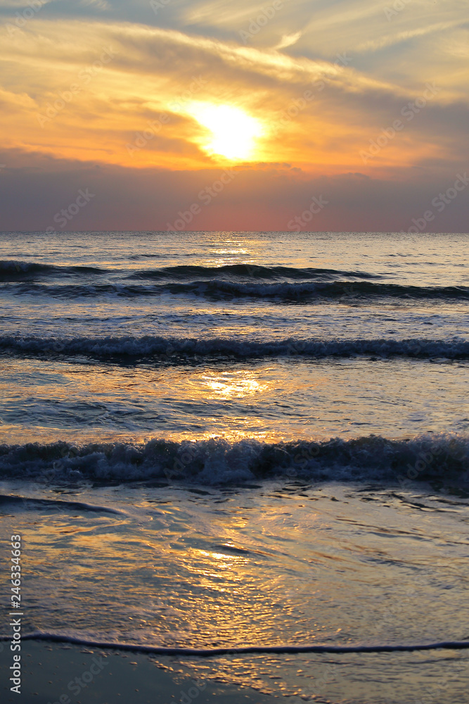 Abstract background of the beach during sunrise at Prachuap Khiri Khan province in Thailand.