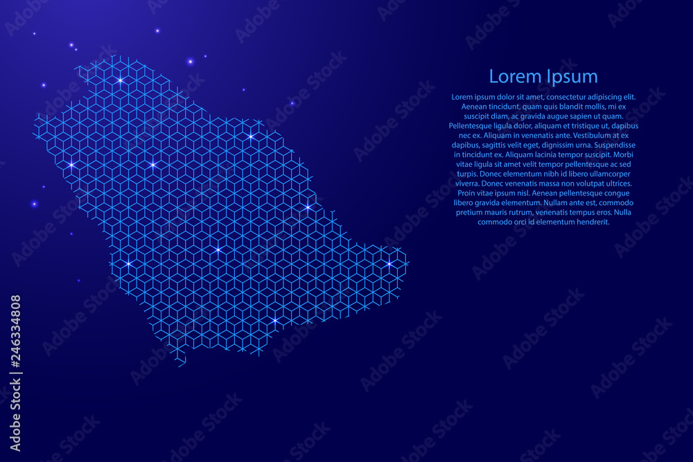Saudi Arabia map abstract schematic from blue lines repeating pattern geometric background with rhombus and nodes with space stars for banner, poster, greeting card. Vector illustration.
