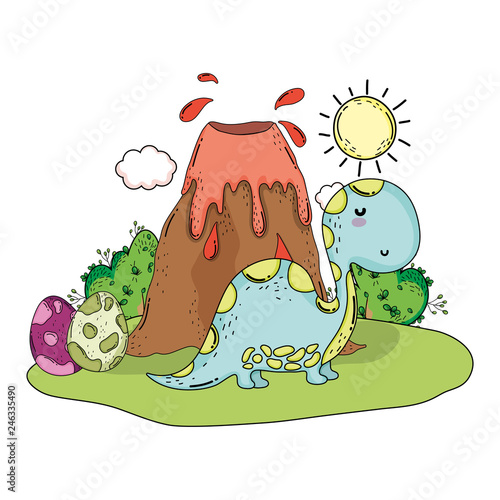 cute apatosaurus with volcano scene