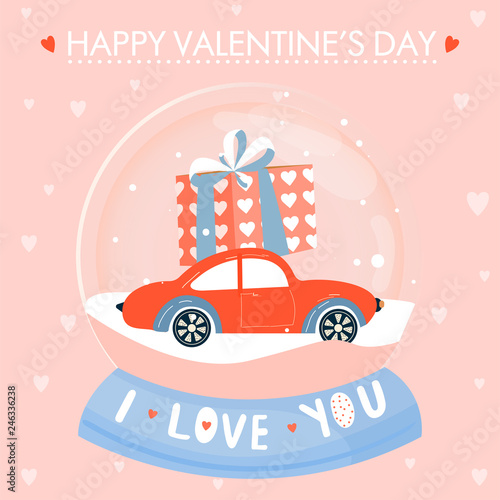 Valentine s day greeting card. Snow globe with car and big present. Vector illustration.
