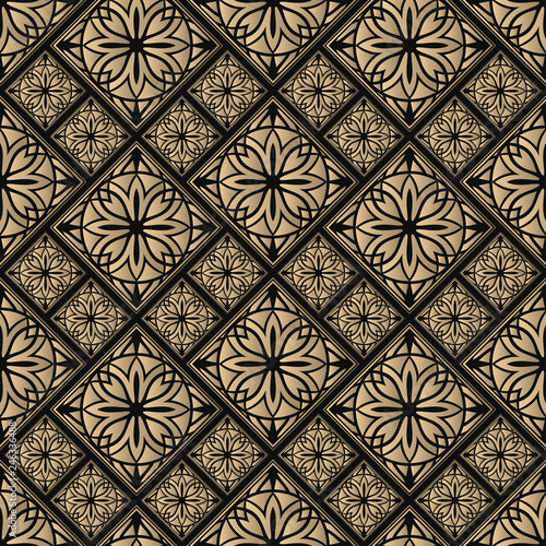 Seamless pattern oriental ornament. Black and golden textile print. Islamic vector design. Floral tiles.