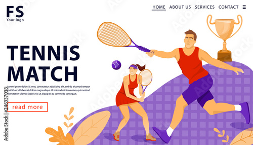 Tennis match concept with gold award cup and tennis players. Landing page template. Vector flat illustration.