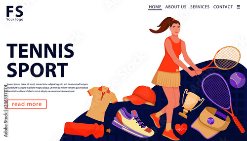 Sport concept with woman player holding tennis racket. Tennis sportsman with sports equipments. Sport and healthy lifestyle concept. Landing page template. Vector flat illustration.