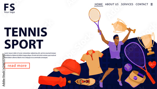 Sports winning concept with man player holding tennis racket and gold award cup. Tennis sportsman with sports equipments. Sport and healthy lifestyle concept. Landing page template. Vector flat illust