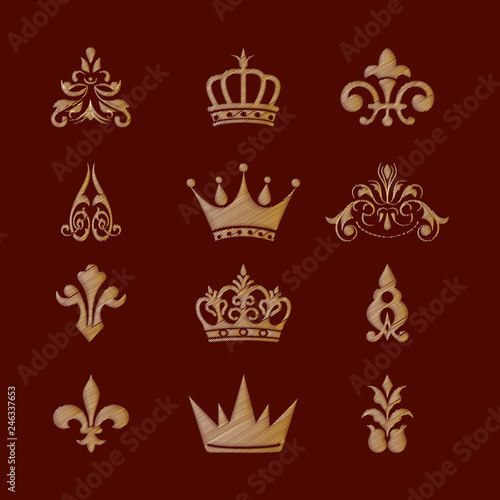 Set of royal symbols and design elements. Imitation of embroidery.