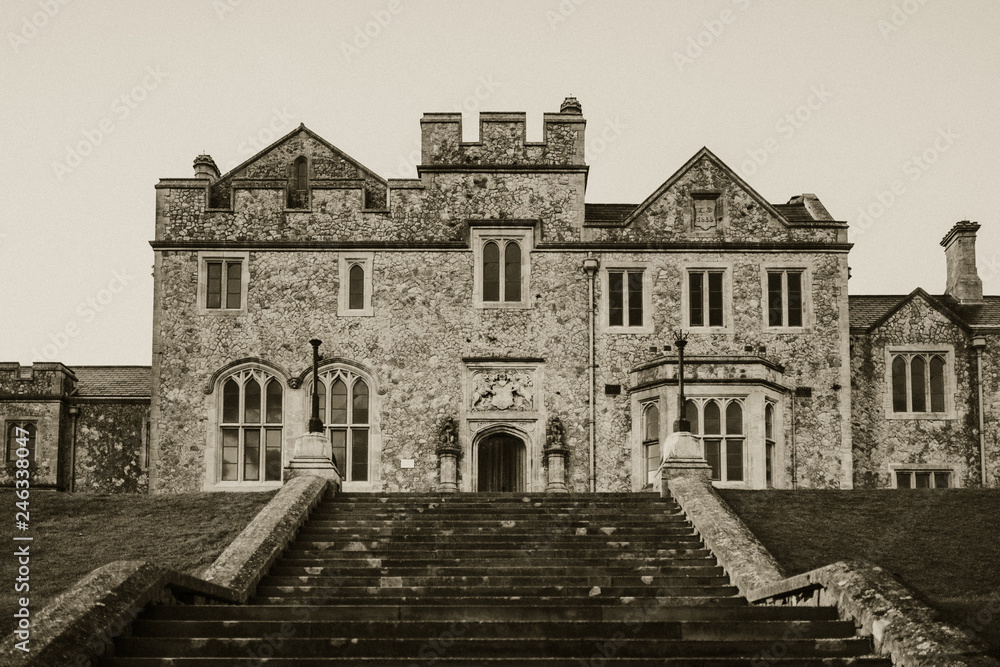 Dover, United Kingdom - October 28th, 2018: Black and white of Dover Castle attached building, during sunset, in Dover, Kent, United Kingdom.