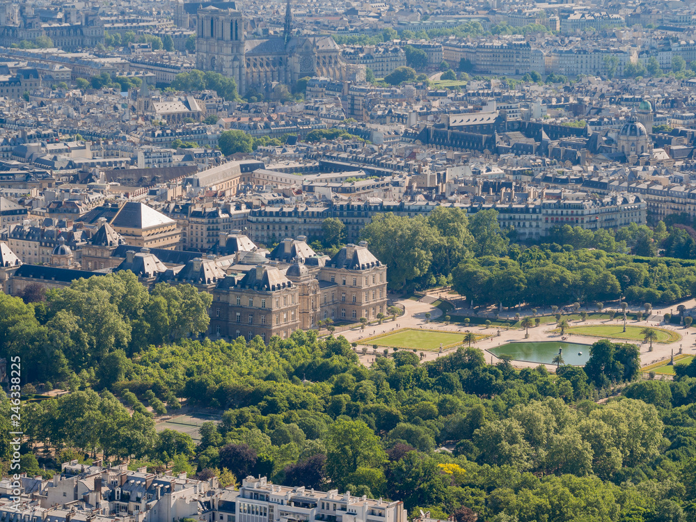 Morning aerial view of the famous Luxembourg Palace and downtown citypscape
