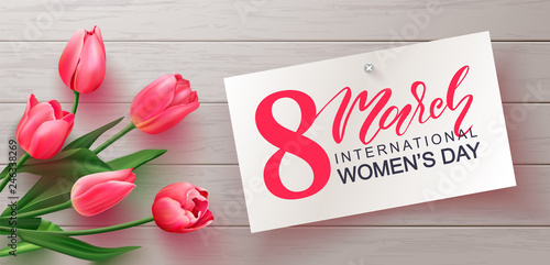 8 March Happy Women's Day banner.Beautiful realistic tulips on wooden background.Vector illustration for postcards,posters, coupons, promotional material.