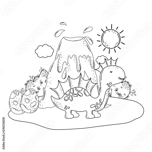 cute apatosaurus with volcano scene