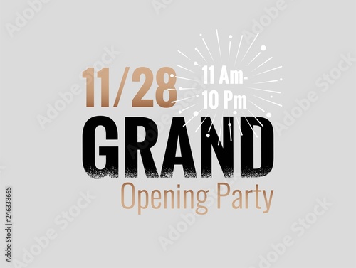 Grand opening typographic poster. Black and gold colors. Vector Illustration