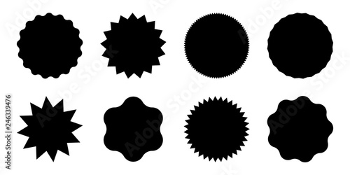 Black round sale tags with spikes. Simple sun icons set.