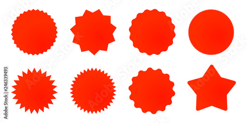 Set of red star or sun shaped sale stickers. Promotional sticky notes and labels.