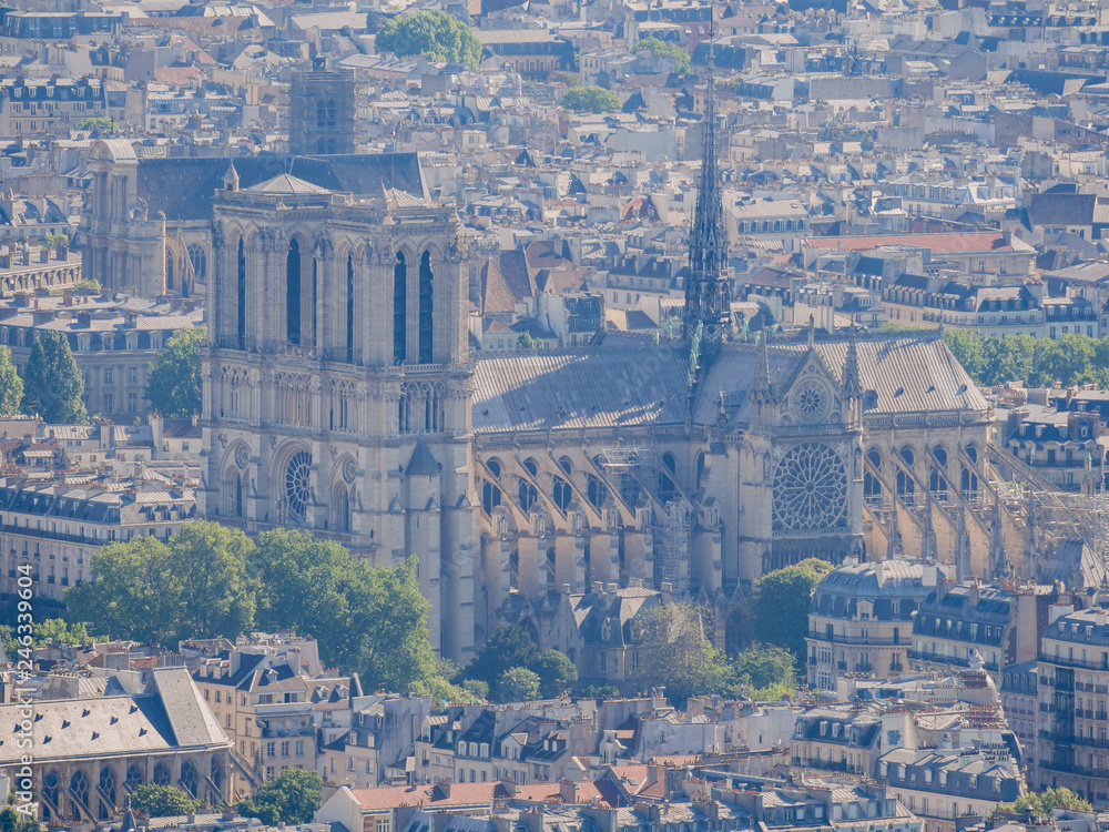 Aerial view of a Notre-Dame Cathedral and cityscape
