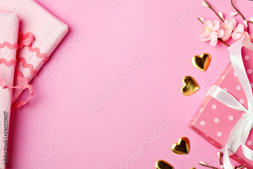 Greeting card on pink background. Selective focus. Valentines day, Womens day, Mothers day. Background with copy space. Horizontal. © Anna