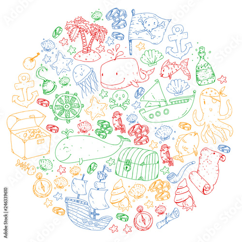 Ocean and sea for children. Cartoon illustration with water creatures. Cute fishes, animals, treasures. Kids vacation pattern, beach toys and elements.