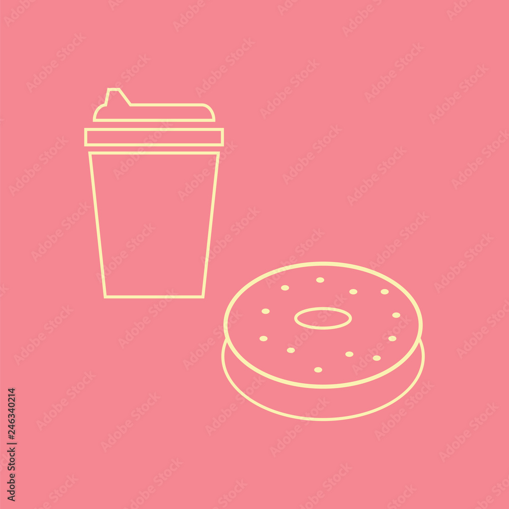 Coffee and Donat cake vector outline icons on pink background Coffee and Donat cake vector outline icons on pink background
