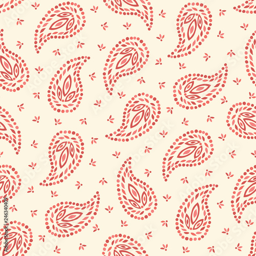 Traditional Medium Scale Coral Paisley Foulard Vector Seamless Pattern. Whimsical classic background.