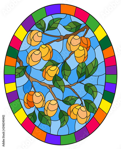 Illustration in stained glass style with branches, leaves and fruits of peaches, oval image in a bright frame