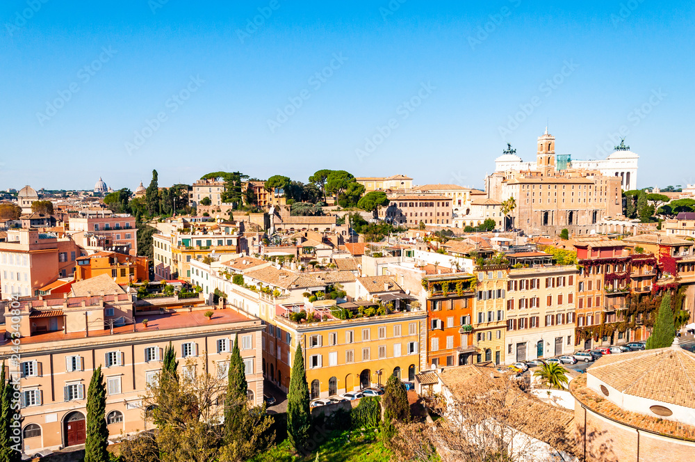Naklejka premium Rome cityscape urban skyline view from above with lots of history, arts, architecture and attractions