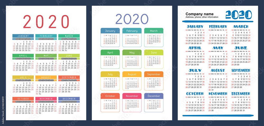 Calendar 2020. Colorful set. Week starts on Sunday. Basic grid. English vector calender collection for print. New year. Color simple design Calendar 2020. Colorful set. Week starts on Sunday. Basic grid. English vector calender collection for print. New year. Color simple design